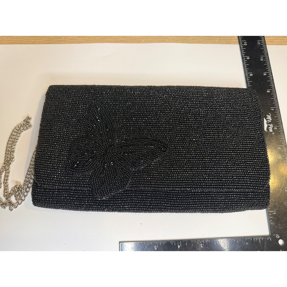Tiana Black Beaded Butterfly Evening Clutch Bag with Chain Strap Formal Wedding